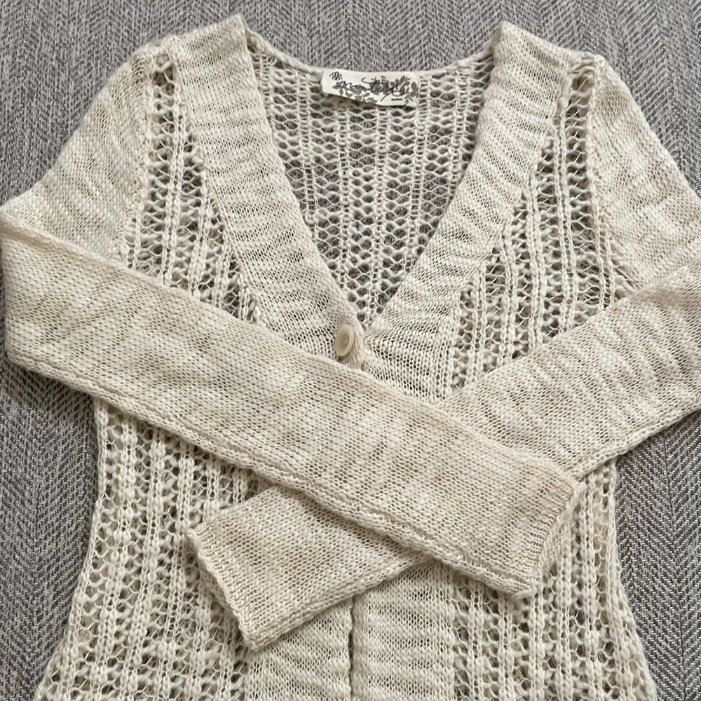 Aventura Pointelle Knit Cardigan Wool Blend Cream Layering Boho Open Knit - Picture 3 of 7